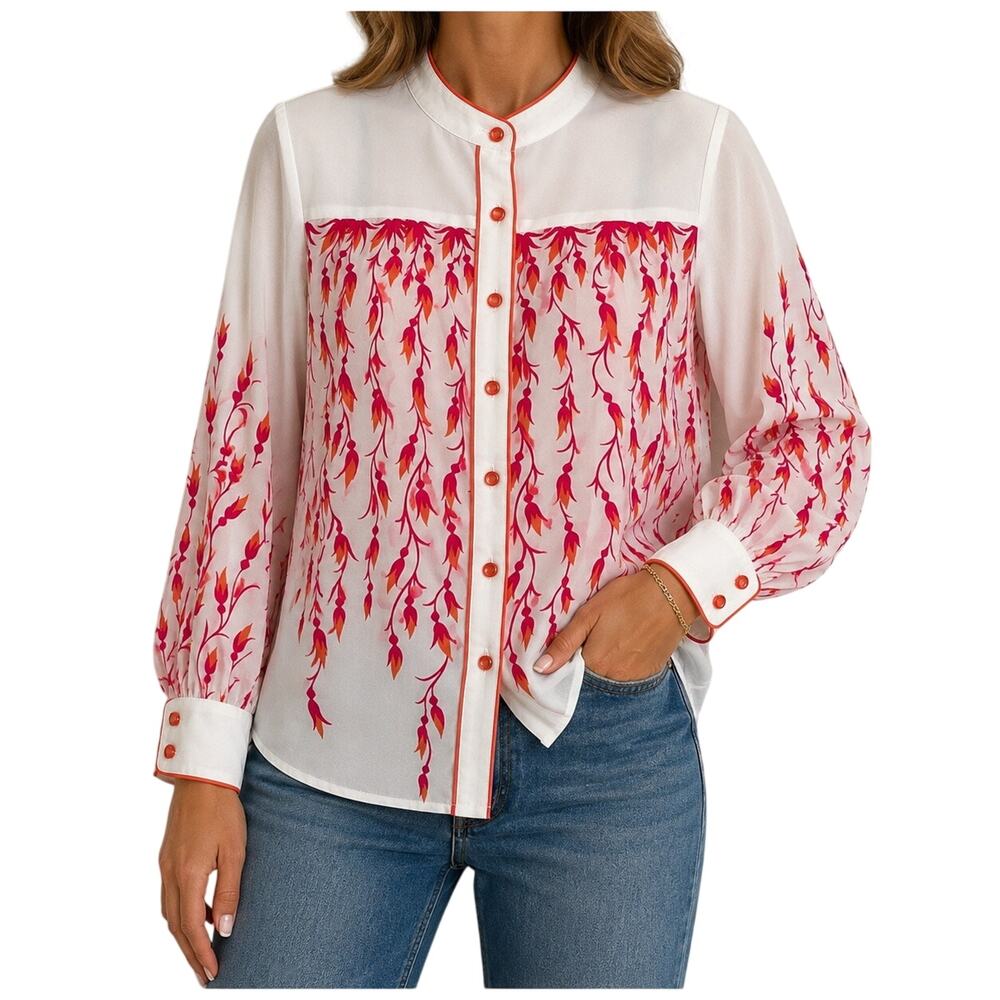 Bob Mackie Sz Medium White Pink Orange Floral Wearable Art Blouse Shirt Top
